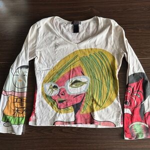 Custo Barcelona White Long Sleeve Graphic Tee with Yellow & Pink Artwork